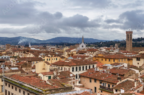 top view of the red tiled roofs of the italian city of Florence