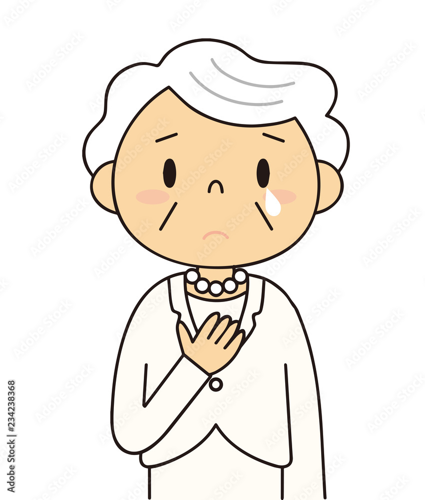 Obraz premium 二頭身 白髪の女性 シニア 泣いているおばあちゃん 白いスーツ 冠婚葬祭