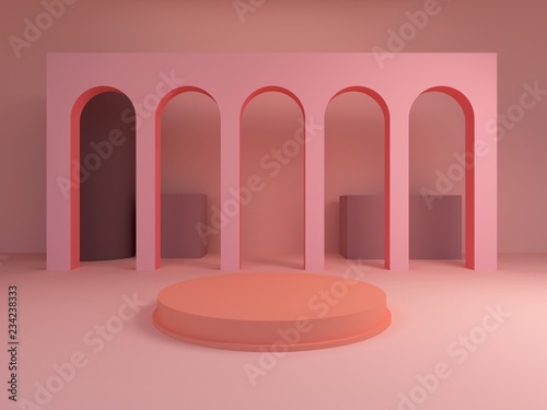 Scene with geometrical forms, arch with a round podium in pastel and pink colors, minimal background, pastel platform, 3D render