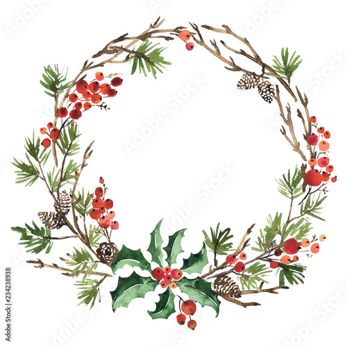 Watercolor Christmas wreath of spruce, pine cones and holly
