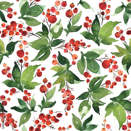 Christmas Watercolor seamless pattern with holly and red berries