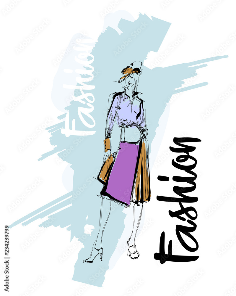 Fototapeta premium Fashion girl Sketch. Stylish fashion model. Pretty young girl.