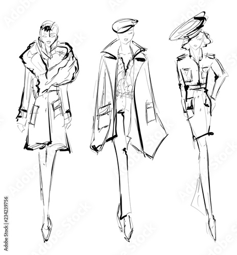 Sketch. Fashion Girls on a white background. Vector illustration