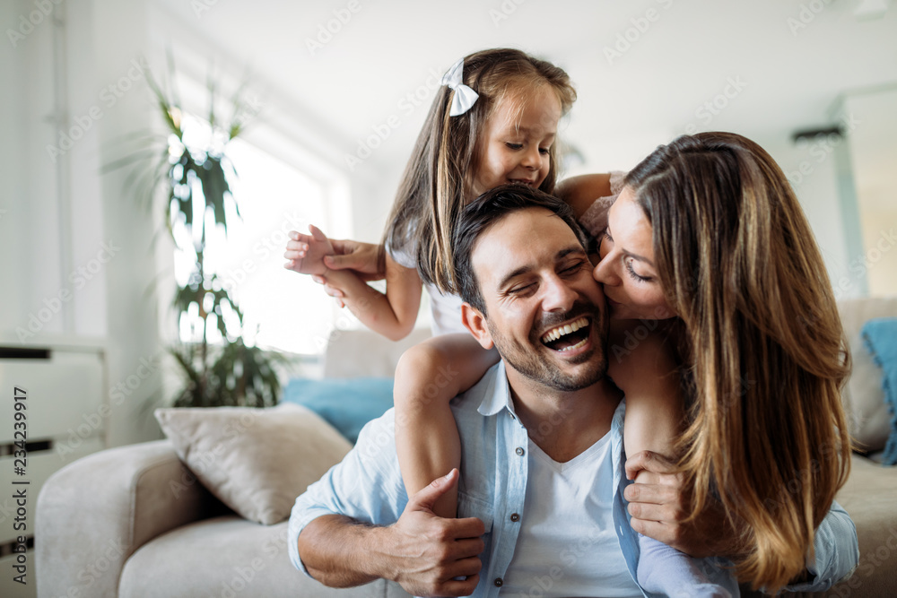 Happy family having fun time at home - obrazy, fototapety, plakaty 