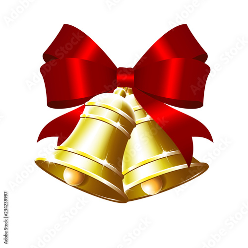 Golden bells with red bow isolated on white background.