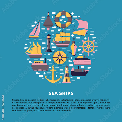 Marine round concept with ship icons in flat style