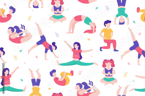 Children doing activities and sports in flat design vector illustration. Kids in the park seamless pattern isolated on white background doing physical exercises, yoga, stretching, gymnastics, sports.