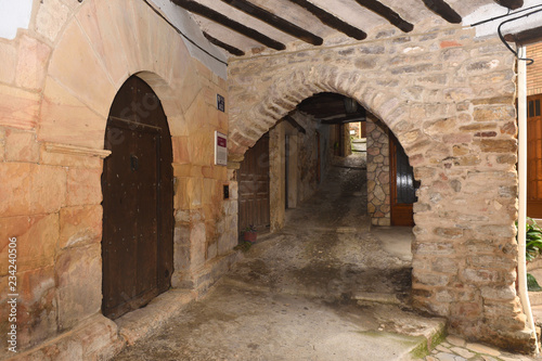 El Arco street of Benabarre, Huesca province, Aragon, Spain