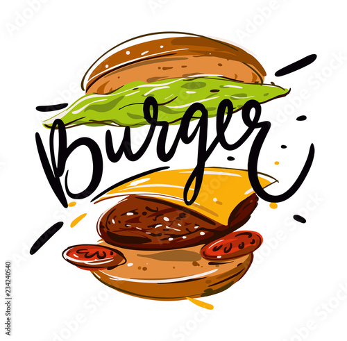 Burger hand drawn vector Illustration isolated on background.