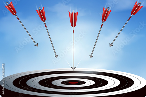 Red arrows many darts fling down from the sky go to center target. business success goal. creative idea. illustration vector
