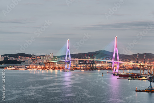 Wonderful view of Busan Harbor Bridge and the Port of Busan