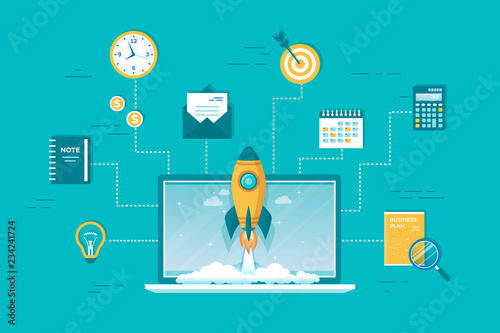 Business project startup, financial planning, idea, strategy, management, realization, success.Rocket launch from laptop, business plan, target, calendar, money, message, idea.  Vector