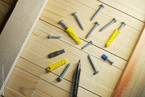 Screws, dowels and screwdriver lie on the boards