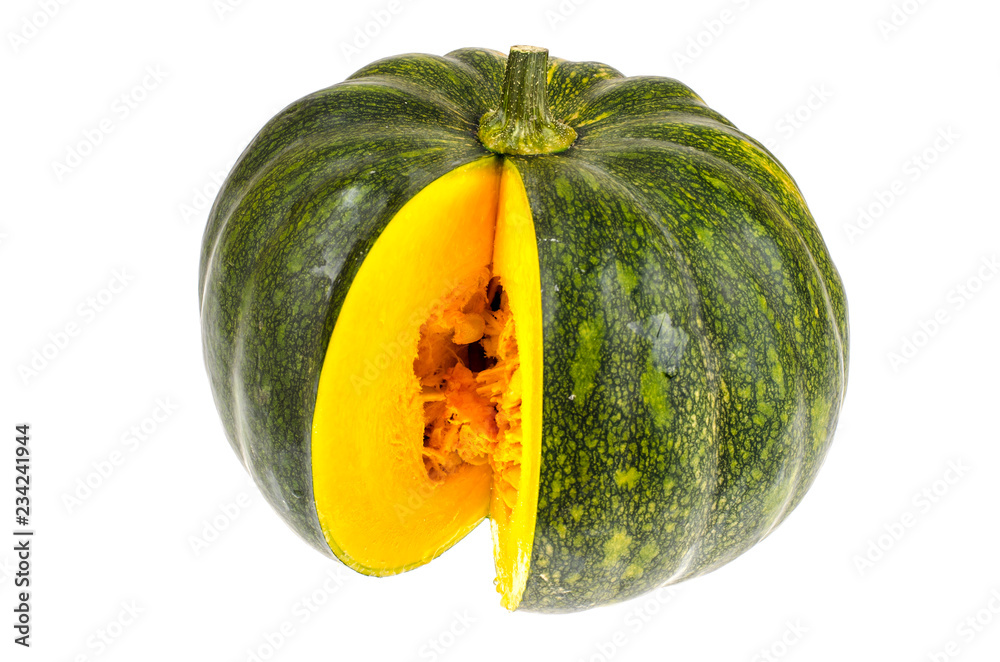 Sliced round ripe pumpkin, isolated on white background Sliced round ripe pumpkin, isolated on white background