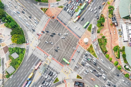 Scenic aerial view of road intersection in Seoul, South Korea