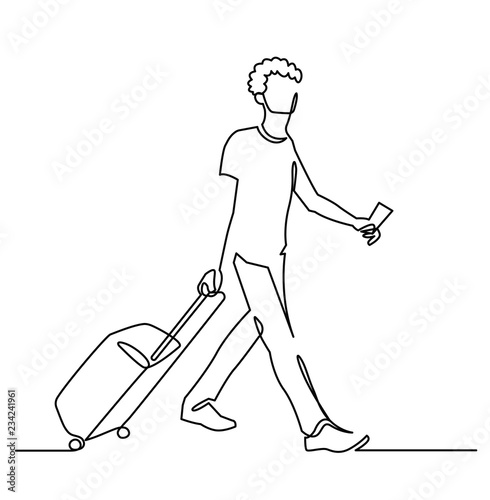 Tourist continuous one line vector drawing. Hand drawn man with suitcase.