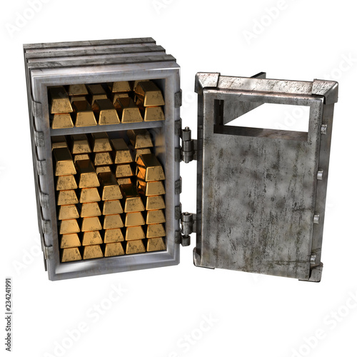Old open safe with gold bars on an isolated white background. 3d illustration