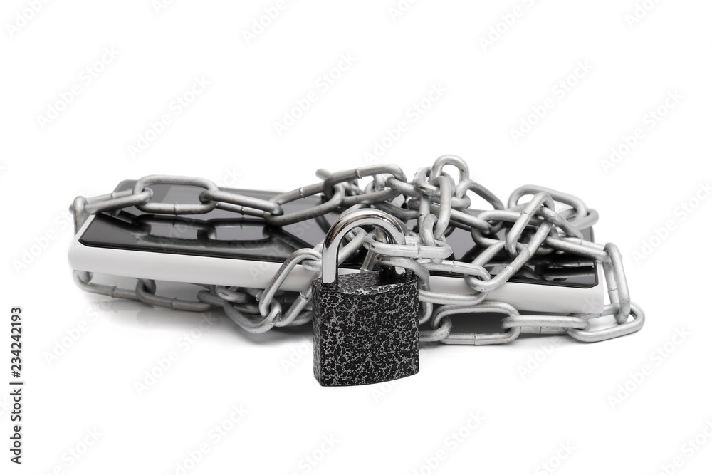 smartphone wrapped with chain and locked on padlock, isolated on white background smartphone wrapped with chain and locked on padlock, isolated on white background