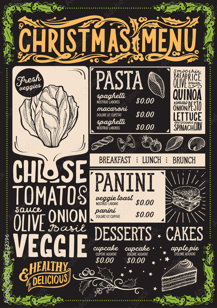 Christmas menu template for vegetarian restaurant.