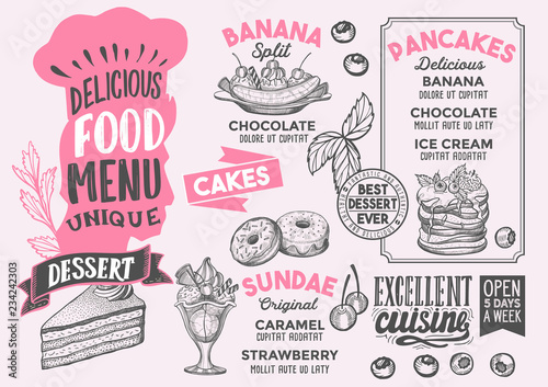 Dessert food menu template for restaurant with chefs hat lettering.