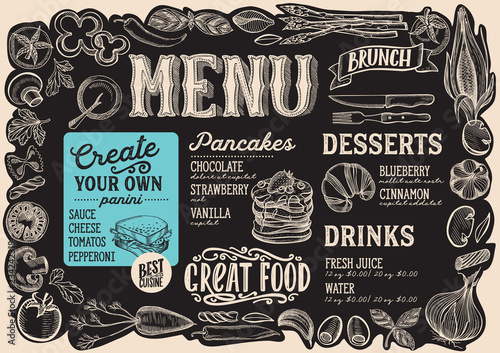 Brunch menu for restaurant with frame of graphic vegetables.