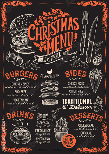 Christmas menu for burger restaurant, food template.