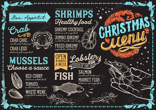 Christmas menu for seafood restaurant, food template.
