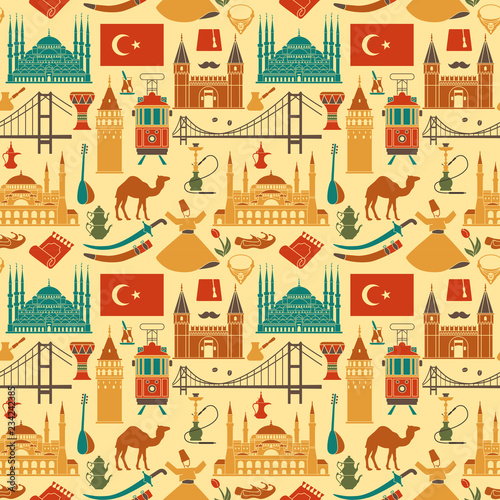 Pattern of country Turkey culture and traditional symbols. Seamless background