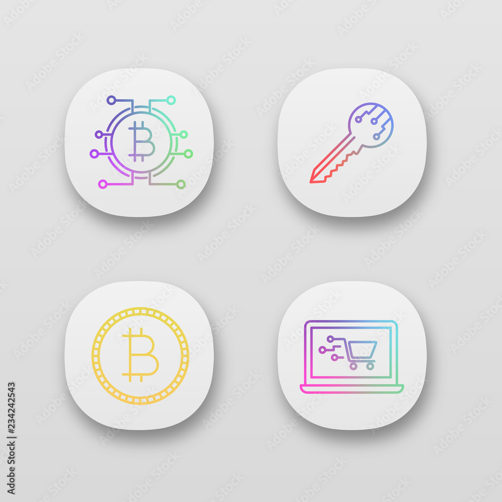 Bitcoin cryptocurrency app icons set Bitcoin cryptocurrency app icons set