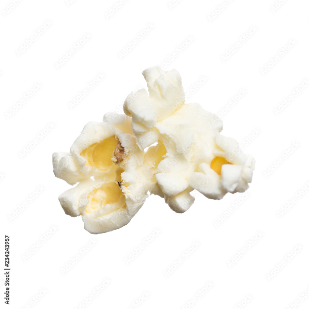 Close-up of studio classic shot salted popcorn isolated on white background. Tasty pop corn for cinema or snack. Close-up of studio classic shot salted popcorn isolated on white background. Tasty pop corn for cinema or snack.