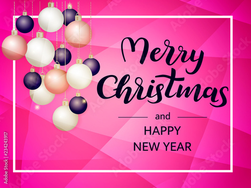 A lot of xmas balls on a purple background. Merry Christmas lettering. Vector illustation