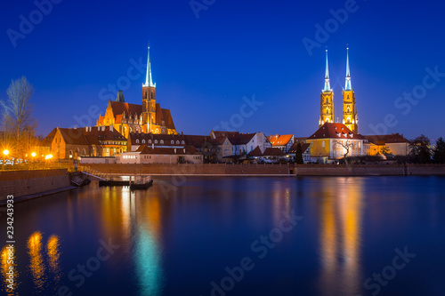 Architecture of the old town in Wroclaw at dusk, Poland.
