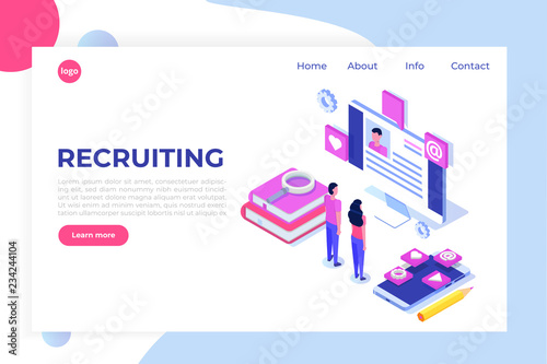Recruitment, Job search isometric concept. Use for presentation, social media, cards, web banner. Vector illustration