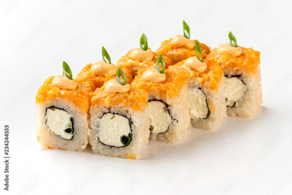 Japanese sushi rolls with cream cheese and onion decorated with hot cheese lava isolated at white background. Japanese sushi rolls with cream cheese and onion decorated with hot cheese lava isolated at white background.
