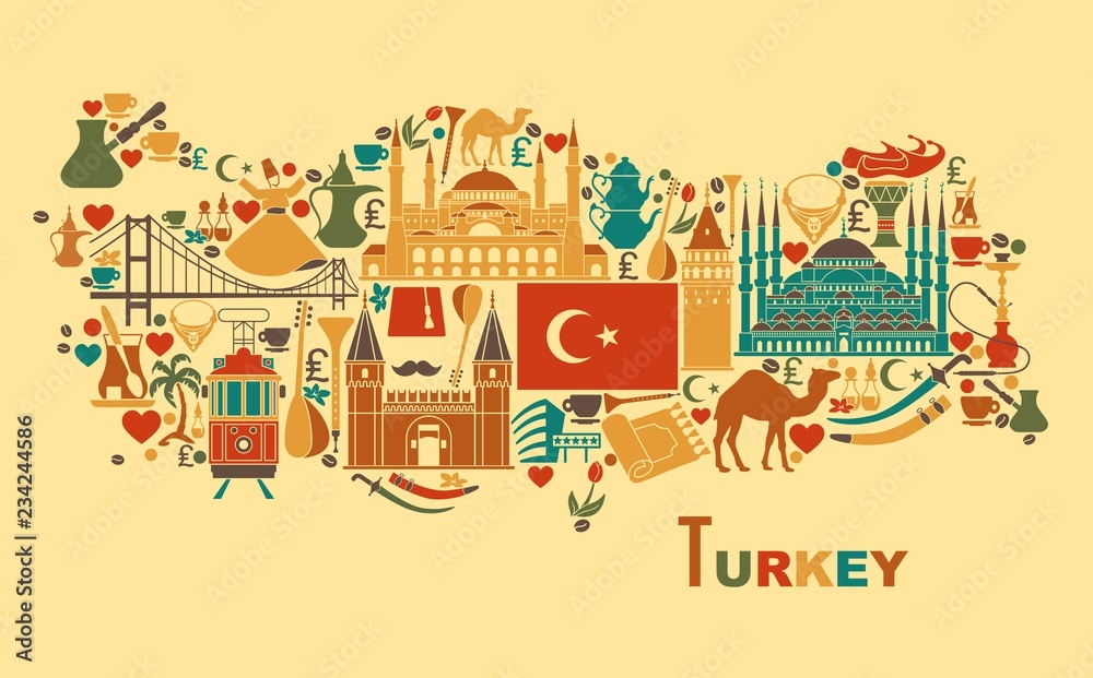 Fototapeta premium Traditional tourist symbols of Turkey in the form of map