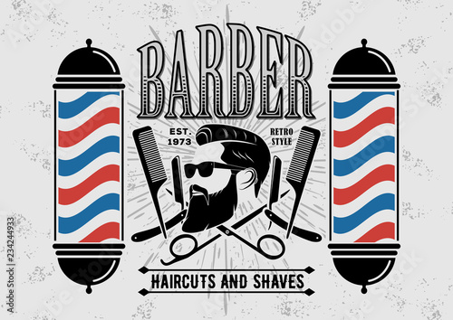 Barbershop poster, banner, label, badge, or emblem on gray background with barber pole in vintage style. Vector illustration