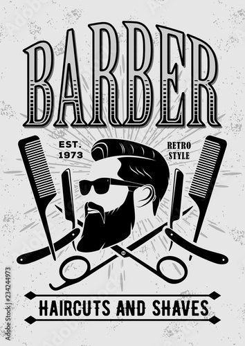 Barber shop vintage label, badge, or emblem on gray background. Vector illustration