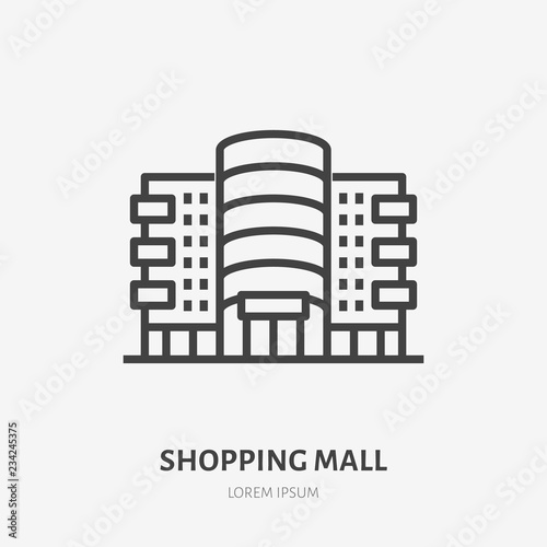 Shopping mall flat line icon. Vector thin sign of shop, store, commercial building rent logo. Supermarket exterior illustration.