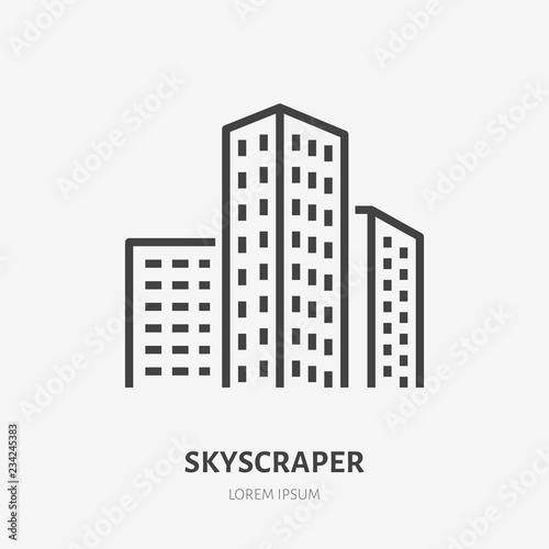 Skyscraper flat line icon. Vector thin sign of urban city, downtown, commercial building rent logo. Apartment house exterior illustration.