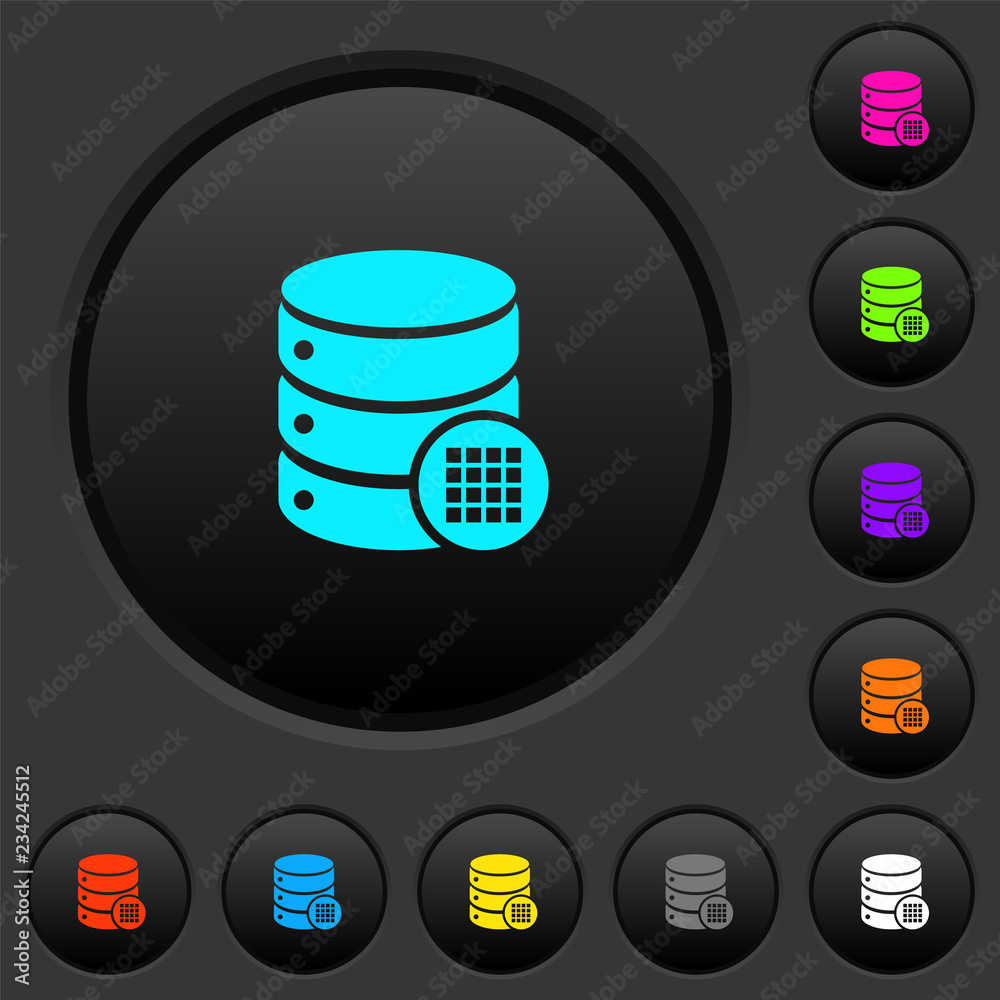 Database table cells dark push buttons with color icons Database table cells dark push buttons with color icons