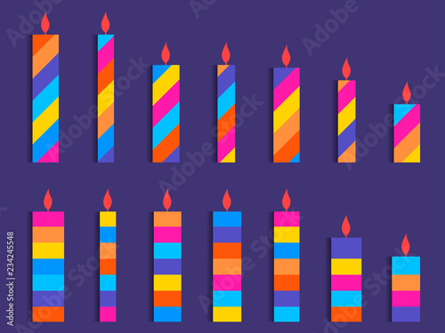 Set of colored candles. Striped candles in flat style. Vector illustration