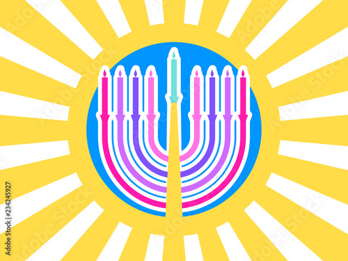 Happy hanukkah. Hanukkah candles. Menorah with nine candles on a background of rays. Vector illustration