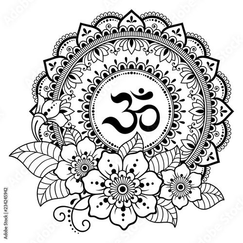 Circular pattern in form of mandala for Henna, Mehndi, tattoo, decoration. Decorative ornament in oriental style with ancient Hindu mantra OM. Coloring book page.