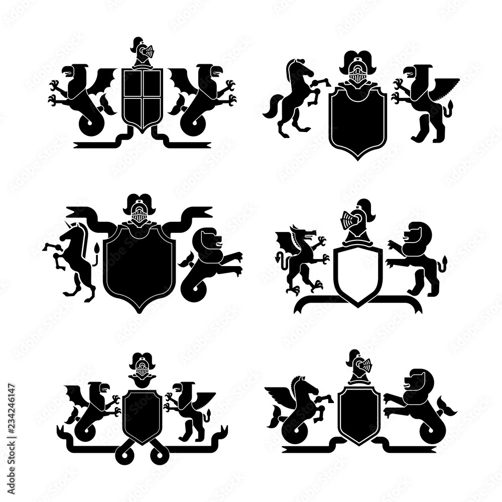 Heraldic Shield and Knight Helmet set silhouette. Fantastic Beasts.  Template heraldry design element. Coat of arms of royal family. Hippocampus  and lion. Dragon and wyvern. Pgasus and griffin. Stock ベクター | Adobe