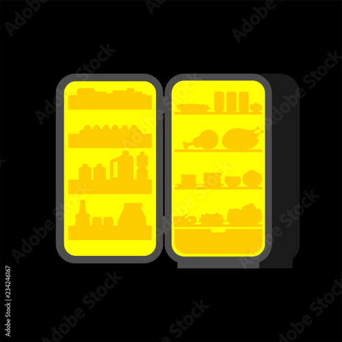 Open fridge at night isolated. Food silhouette. Refrigerator for glutton