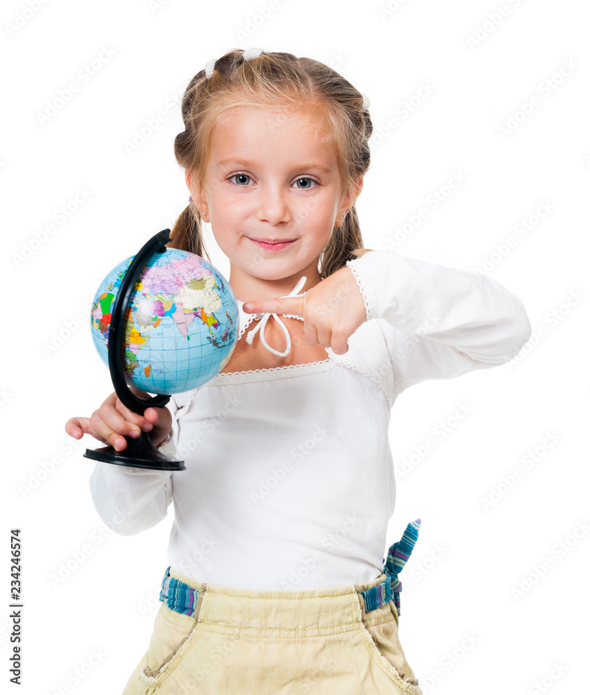 Adorable little girl with globe isolated on a white background