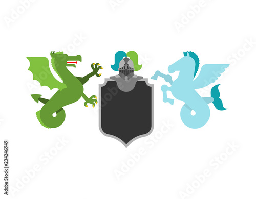 Heraldic Shield Hippocampus and wyvern sea Dragon and Knight Helmet. Fantastic Beasts. Template heraldry design element. Coat of arms of royal family