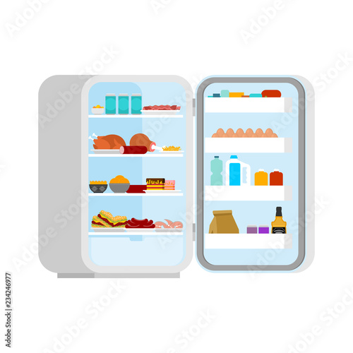 Open fridge Filled with food isolated. lot of food and Meat. Refrigerator for glutton
