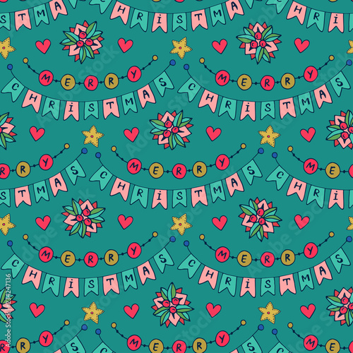 Merry Christmas background. Vector seamless pattern. Wrapping paper design. Bright holiday pattern.