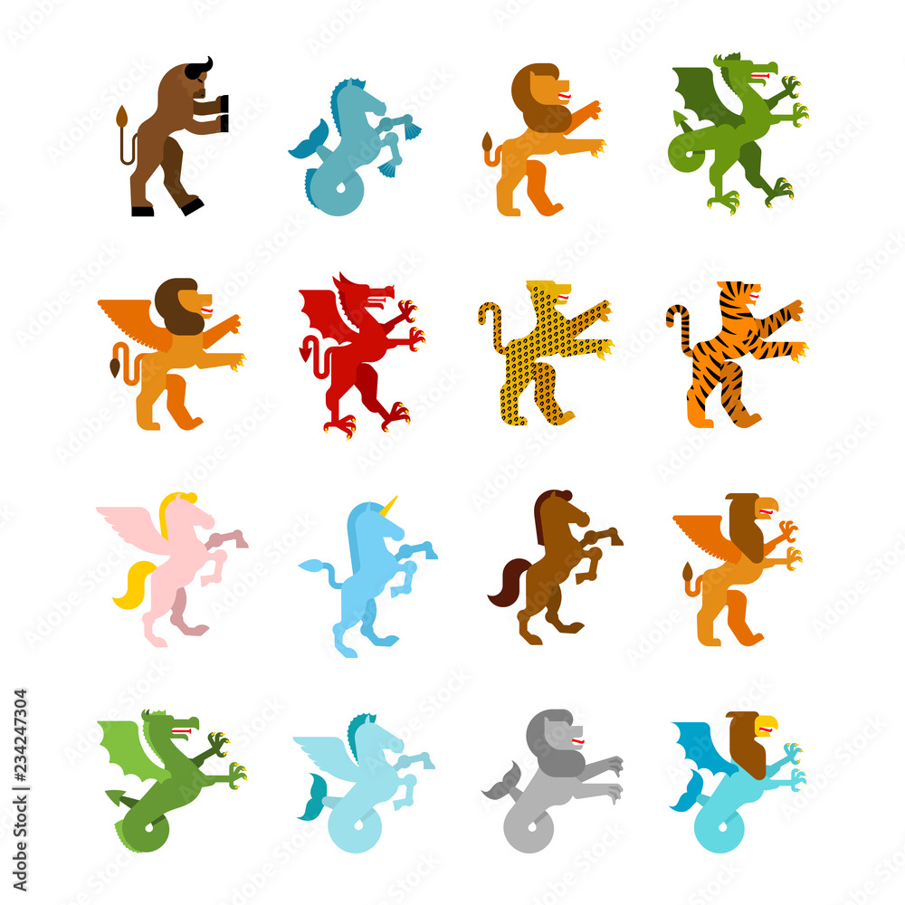 Fototapeta Heraldic animal set. Hippocampus and lion. Dragon and wyvern. Fantastic Beast. Monster for coat of arms. Heraldry design element. Pgasus and griffin. leopard, tiger